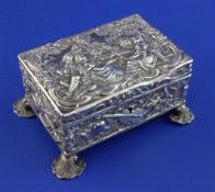 An early 20th century Hanau silver rectangular trinket box, the lockable hinged lid embossed with