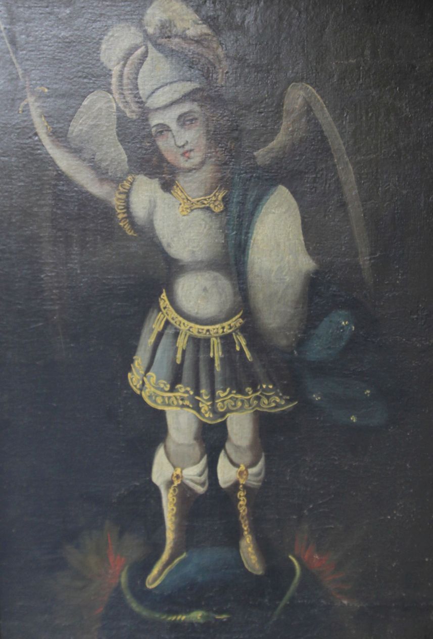 19th century South American Schooloil on canvas,Portrait of St Michael,30 x 21in.