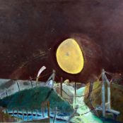 § Harold Mockford (1932-)oil on board,'Yellow moon over South Downs Way',signed and dated 1999