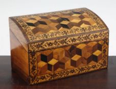 A 19th century Tunbridgeware rosewood perspective cube stationery box, with shaped hinge lid and
