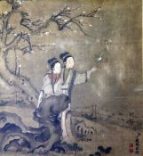 Chinese school, 18th / 19th century, painting on silk of two ladies observing a bird on a perch,