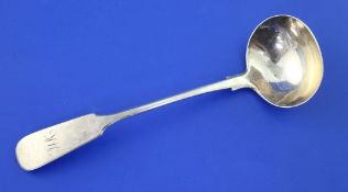 A late 18th/early 19th Irish? provincial silver fiddle pattern sauce ladle, with engraved