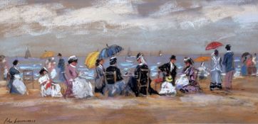 John Laurence (b.1934)pastel,Edwardians on the beach,signed,9.5 x 19.5in.