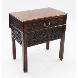 A George III mahogany architect's table, the top with single drop leaf above blind fret carved