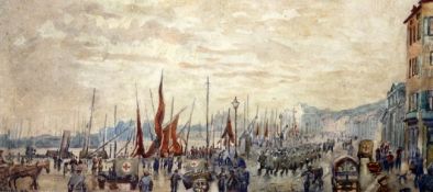 Ethel Harkerwatercolour,Harbour scene with troops and ambulances,signed and dated 1918,9 x 20.5in.