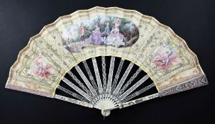 A 19th century French ivory fan, the pierced sticks with gold and silver decoration and set with