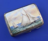 A late Victorian silver and enamel cigarette case painted with yachts at sea, of rounded rectangular