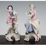 A pair of Chelsea-Derby figures of musicians, c.1775, each modelled seated on a tree stump and a