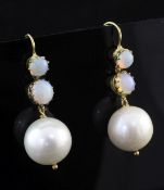 A pair of gold, cultured pearl and graduated white opal drop earrings, 1.25in.