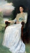 English School c.1900oil on canvas,Portrait of a lady seated in an armchair, a lake beyond,65 x