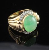 A 1950's/1960's? French gold, cabochon jadeite and diamond set dress ring by A.F. Souteyrand, Paris,