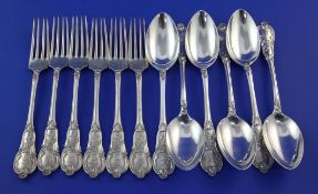 A set of six early 20th century German 800 standard silver fancy pattern dessert forks and six