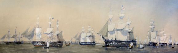 English School c.1900watercolour,Warships in harbour,13 x 40in.