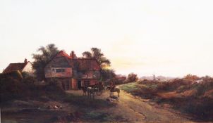 Walter Williams (1835-1906)oil on canvas,Figures and horses by an inn at sunset,signed,24 x 42in.
