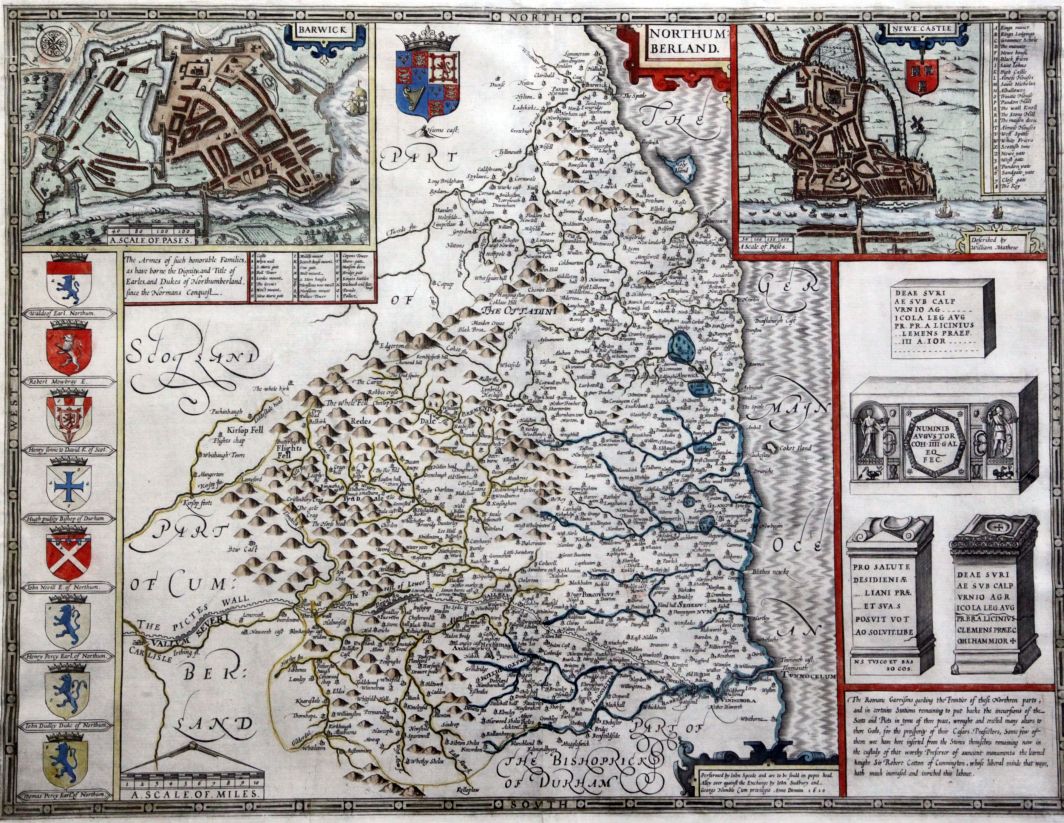 John Speedcoloured engraving,Map of Northumberland, 1610,15.5 x 20.25in.