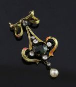 A late Victorian gold, green tourmaline, diamond and pearl set drop pendant, now converted to a