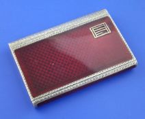 A late 1920's silver and red guilloche enamel cigarette case, of rectangular form, with slide action