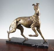 A 20th century patinated bronze model of a hound, on rectangular marble base, 17in.