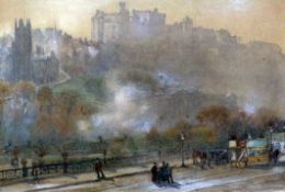 Herbert Menzies Marshall (1841-1913)pencil and watercolour,An omnibus and figures below Edinburgh