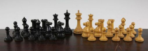 A Victorian Jaques staunton pattern ebony and boxwood chess set, complete with thirty two pieces,