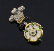A 9ct gold and enamel military sweethearts brooch, modelled as the Prince of Wales feathers above