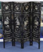 A Chinese mother of pearl inlaid ebonised wood four fold screen, late 19th / early 20th century, the