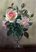 Albert Williams (1922-2010)oil on canvas board,Pink roses in a glass vase,signed,14.5 x 10.75in.