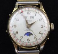 A gentleman's gold plated and steel Praesent Date-Exact calendar moonphase wrist watch, with