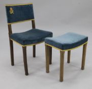 A George VI Coronation chair and a similar Elizabeth II Coronation stool, both with blue upholstery,