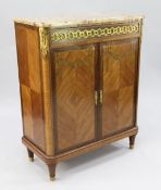 A French Louis XVI style ormolu mounted marquetry kingwood marble topped side cabinet, by