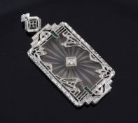 A 1930's Art Deco white metal and star cut frosted glass? pendant, of shaped rectangular form,