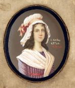 19th century French Schoolwatercolour and gouache on ivory,Miniature of Charlotte Corday (1768-