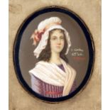 19th century French Schoolwatercolour and gouache on ivory,Miniature of Charlotte Corday (1768-