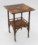 A late Victorian rosewood and satinwood crossbanded square occasional table, the top with central