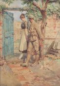 Fortunino Matania (1881-1963)watercolour,British soldier and maid at a garden gate,signed in