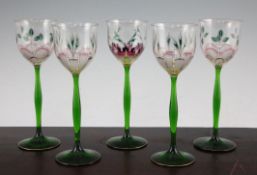 Five Theresienthal Bohemian hock glasses, early 20th century, variously decorated with flowers in