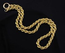 A gold ropetwist necklace, with circular clasp, 23 grams, 16.5in.