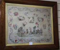 A Victorian needlework panel, depicting figures and dogs, with floral bouquets, within a rosewood