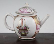 A Chinese export famille rose globular teapot, Qianlong period, painted to each side with a basket