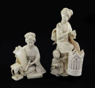 Two Japanese ivory okimono of bijin, Meiji period, the first of a kneeling lady holding a scroll