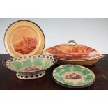 A Davenport Drabware supper dish and two plates and a Staffordshire Drabware dessert dish and two