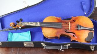 A 19th century three quarter size violin, probably German, the backed marked Vuillaume à Paris,