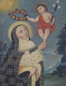 South American Schooloil on canvas laid on board,Virgin and child, with lilies and wreath,8.25 x