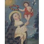South American Schooloil on canvas laid on board,Virgin and child, with lilies and wreath,8.25 x