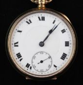 A George V 9ct gold keyless lever pocket watch, with Roman dial and subsidiary seconds.