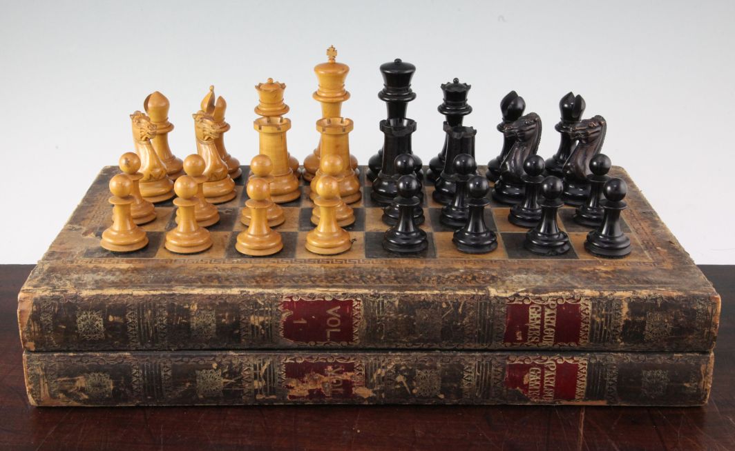 A large Jaques weighted boxwood and ebony chess set, c.1850, with 4.5 inch king, complete with