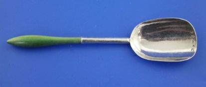 A George III silver caddy spoon with green stained ivory handle, Cocks & Bettridge, Birmingham,