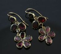 A pair of Georgian gold and foil backed almandine garnet drop earrings, of flowerhead design, (