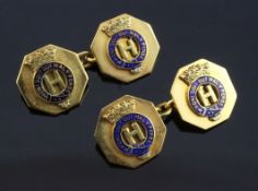 A pair of early 20th century gold and blue enamel regimental? octagonal cufflinks, the central motif