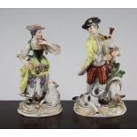 A pair of Meissen groups of a musical shepherd and shepherdess, 20th century, the shepherd playing